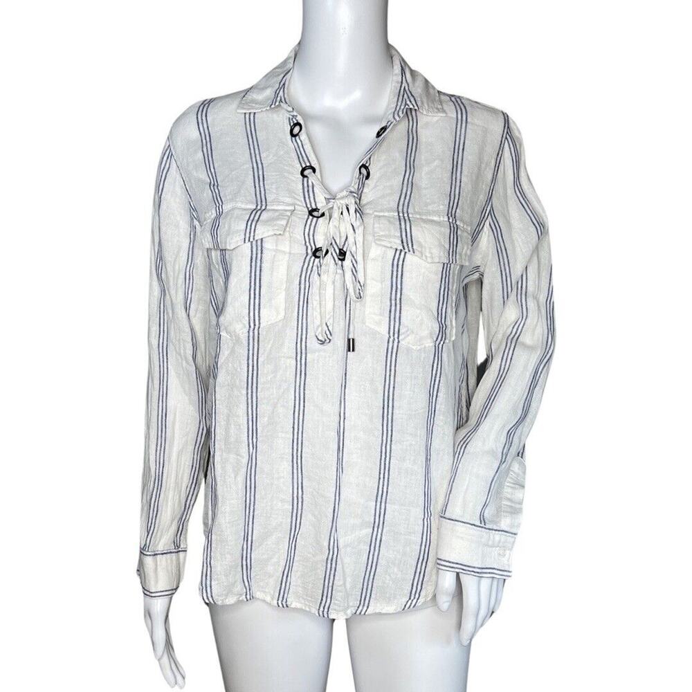Rails Shirt Womens XS White Blue Stripe Flamenco Stripe Matea Lace Up Casual